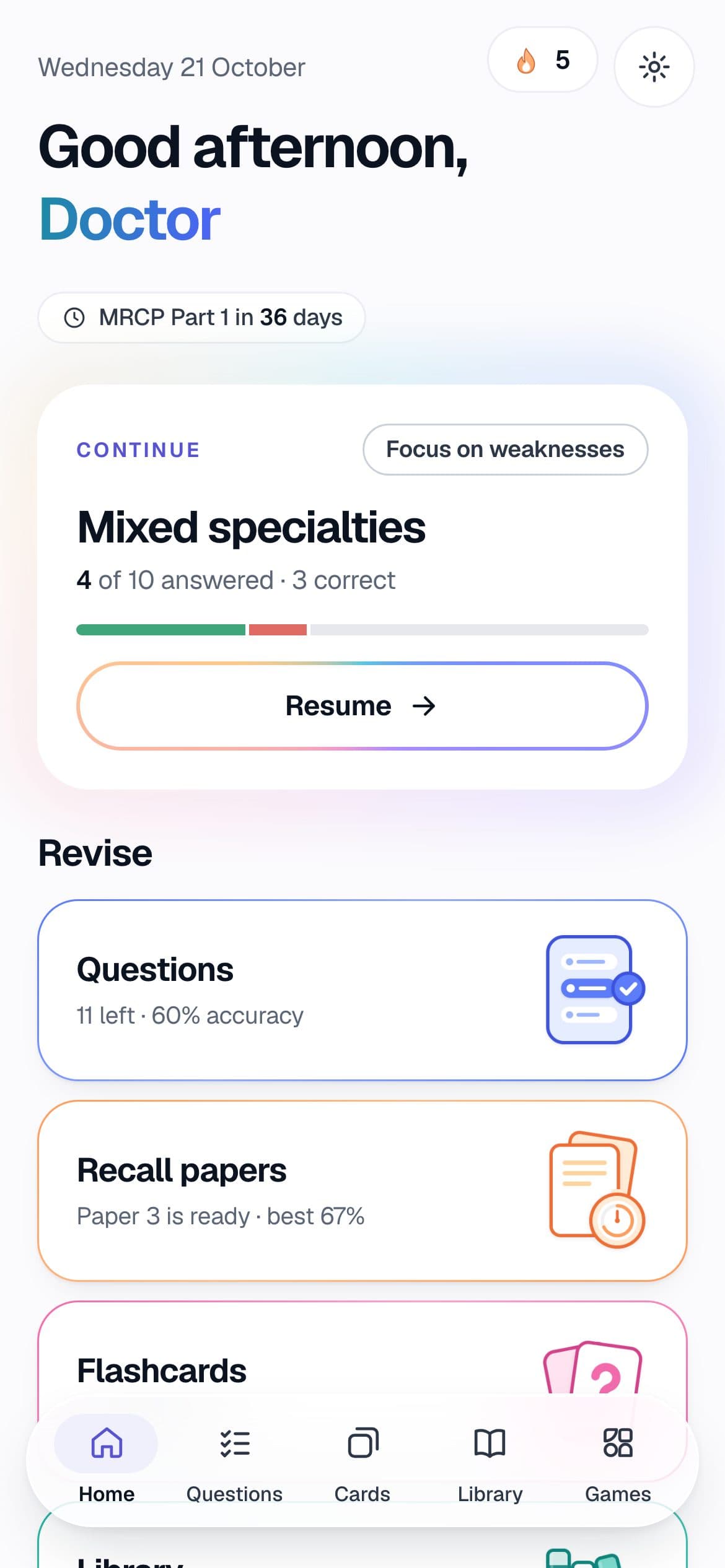 Wardwise Home on a phone: the session to continue and the sections to revise.